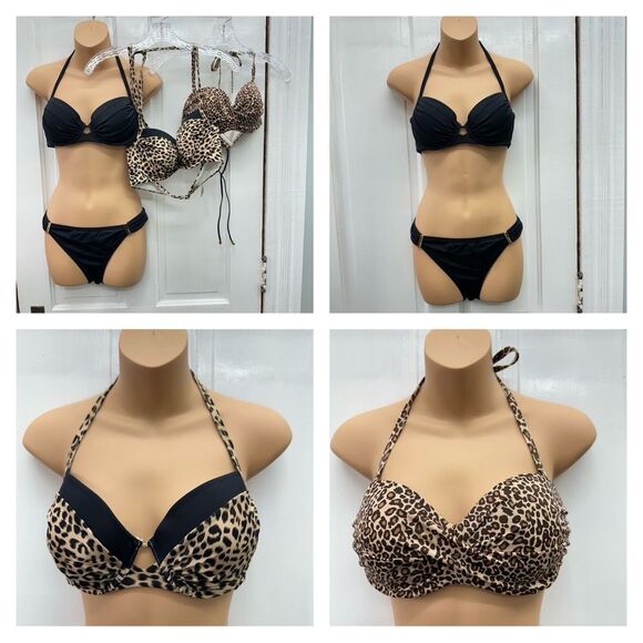 Victoria's Secret 4 pc mix match swimsuit black leopard women large 34B 36C - Picture 1 of 15